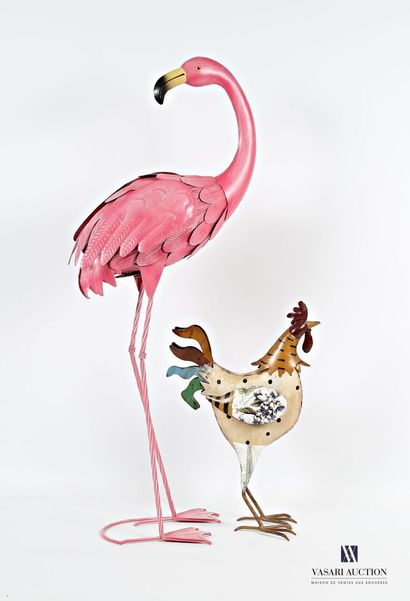 null Two subjects in painted and lithographed sheet metal, one featuring a pink flamingo...