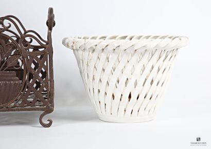 null Lot including a square metal planter with openwork decoration of flowerpot and...