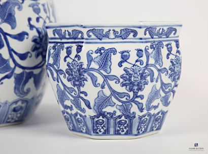 null CHINE 
Deux caches pot en porcelaine blanc/bleu de forme octogonale, la panse...