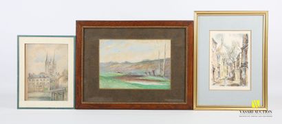 null Lot including four framed pieces:
- Anonymous XXth century - Quays in Paris...