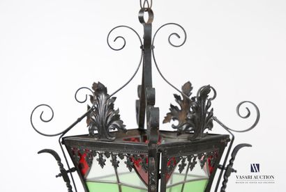 null Lantern in wrought iron with slightly tapered sides decorated with stained glass,...