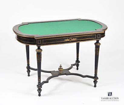 null Game table in blackened wood and inlaid with brass nets, the oblong tray is...