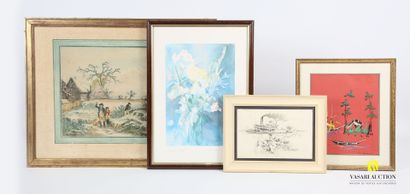 null Lot including four framed pieces: 
- LLADO Pierre-Jean(1948) after - Bouquet...