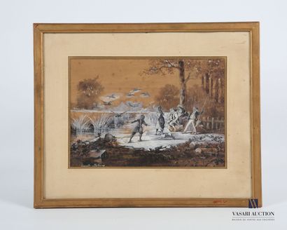 null CARON G. (XIX- XXème siècle)
Jeunes gens jouant avec les canards autour de l'étang
Lavis...