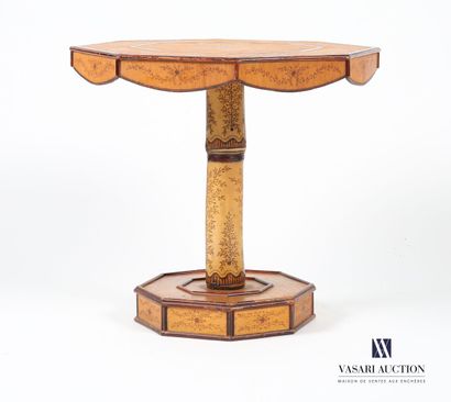 null Octagonal coffee table in natural wood with pyrographed and painted decoration...