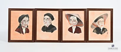 null Lot including four gouaches on fabric representing portraits of Chinese couples.
Dim....