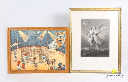 null Lot including two framed pieces : 
- Poster in colors - Au cirque - Rossignol...