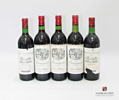 null Lot of 5 bottles including :
2 bottles Château de BEAUREGARD Bordeaux 1983
3...