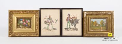 null Lot including four framed pieces:
- J. CONTE - Woman with a basket on the road...