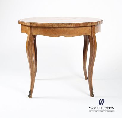 null Round pedestal table in rosewood veneer inlaid with leaf in fillet frames, it...