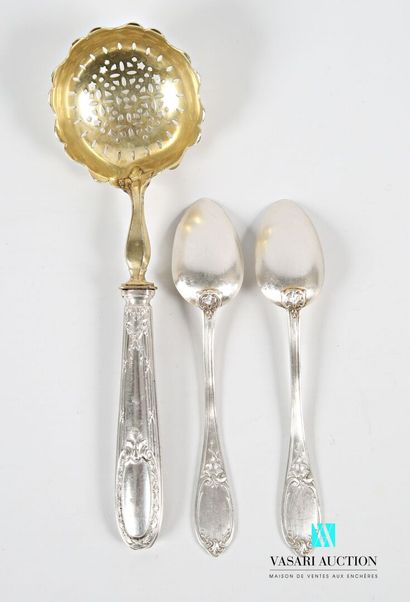 null Sprinkling spoon, the silver handle decorated with nets and crossed ribbons...