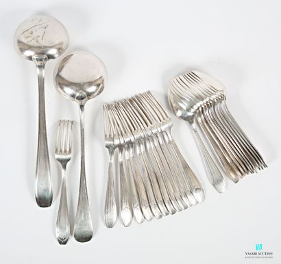 null Suite of twelve silver-plated flatware and a table fork, the handle decorated...