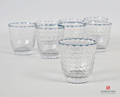 null Suite of eight glass goblets with decoration of cells and blue nets.
Height....