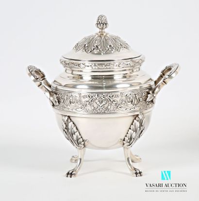 null Chocolate and sugar bowl covered in silver, it rests on a recessed bate, the...