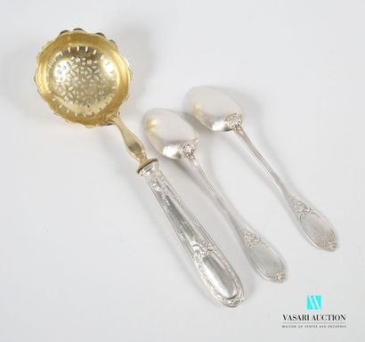 null Sprinkling spoon, the silver handle decorated with nets and crossed ribbons...