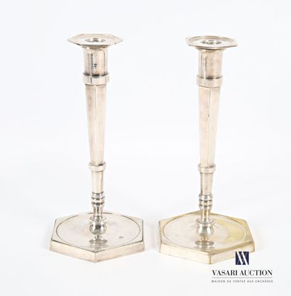 null Pair of silver plated bronze torches standing on a hexagonal base, the conical...
