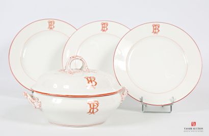 null Lot in white porcelain including three dinner plates and a covered vegetable...