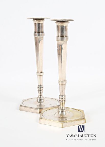 null Pair of silver plated bronze torches standing on a hexagonal base, the conical...