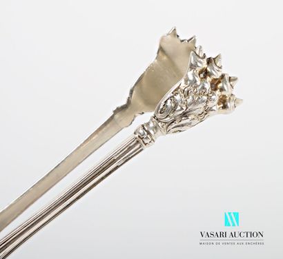 null Silver sugar tongs, the arms decorated with nets are surmounted by shells and...