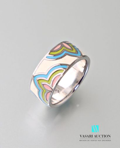 null Large flat ring in silver 925 thousandths with decoration of half-flowers enamelled...