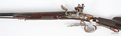 null Fusil de chasse, canon double à pans puis rond de 85 cm, avec guidon et tenon...
