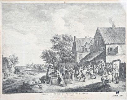 null Lot de quatre gravures encadrées comprenant :
- "Divertissement de paysans Hollandais"...