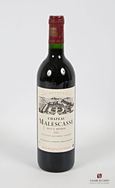 null 1 bouteille	Château MALESCASSE	Haut Médoc CB	1992
	Et. un peu tachée. N : mi...