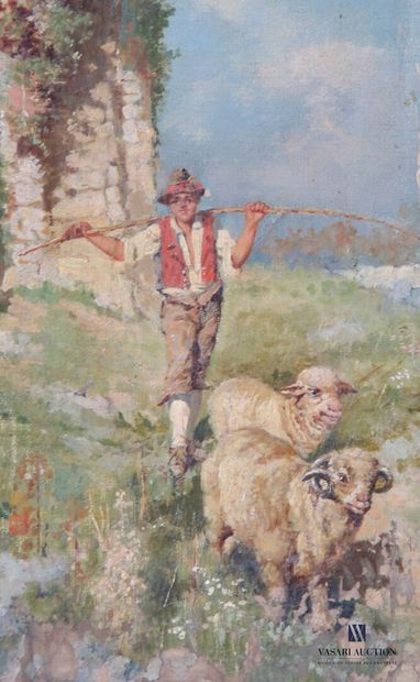 null École française du XIXème siècle
Berger et ses moutons 
Huile sur toile
Trace...