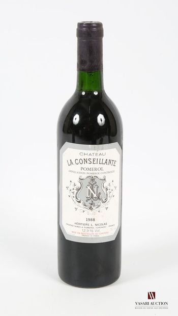 null 1 bouteille	Château LA CONSEILLANTE	Pomerol	1988
	Et. un peu tachée. N : bas...