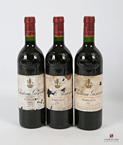 null *3 bottles Château GISCOURS Margaux GCC 1988
	Faded, stained, worn and torn....
