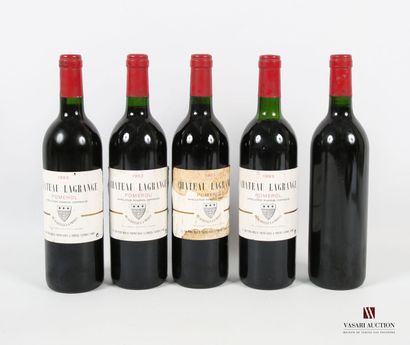 null 5 bouteilles	Château LAGRANGE	Pomerol	1993
	Et.: 3 un peu tachées, 1 tachée,...