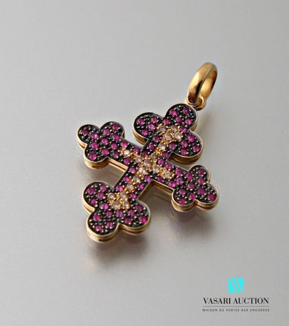 null Orthodox cross pendant in 750-thousandths yellow gold paved with rubies and...