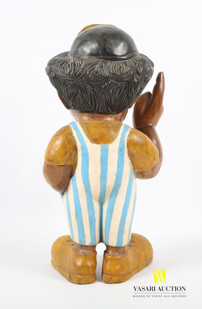 null Sujet caricatural en bois sculpté polychrome de Coluche portant une casquette...