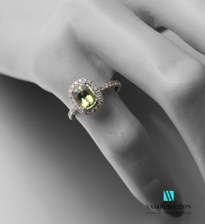 null Ring in 750 thousandths white gold set in its center with a cushion-cut green...