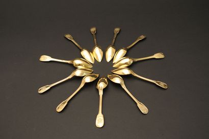 null Onze cuillères en argent doré dont quatre en argent doré (1819-1838) à décor...