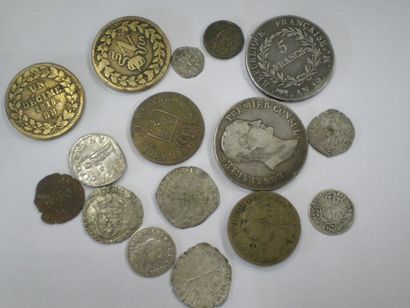 null Lot de seize monnaies en cuivre et argent romaine, féodale et française dont...
