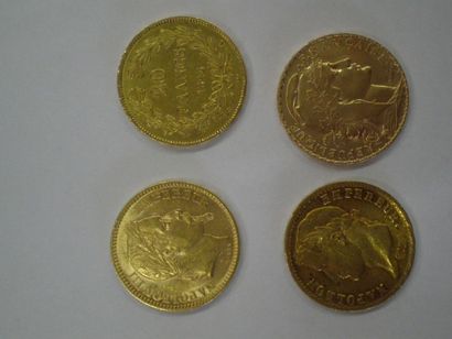 null Lot de quatre monnaies de 20 francs or françaises Napoléon Ier, Louis Philippe,...