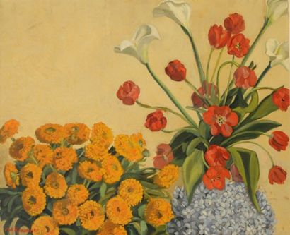 null RANCOURT F. de (XIX - XXème siècle)
Nature morte aux tulipes, arums et oeillets
Huile...