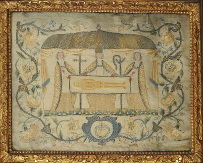 null Broderie
sur soie représentant le Saint Suaire de
Besançon
40,8 x 30,7 cm
Cadre...