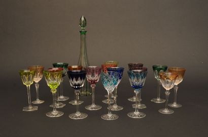 null Deux séries de cinq verres
à vin du Rhin en cristal taillé de différentes
couleurs.
Marqués...