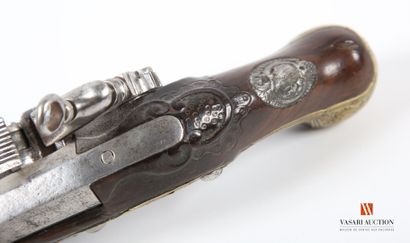 null Flintlock travel pistol, pocket model, 9.2 cm round barrel, miquelet lock, carved...