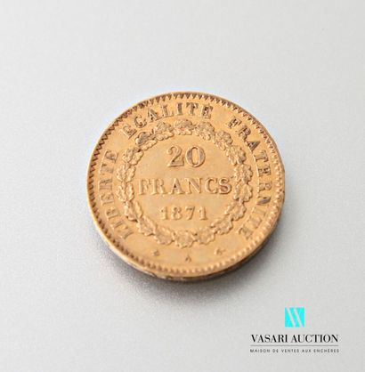 null A 20-franc gold coin depicting the Genie after Augustin Dupré, 1871, atelier...