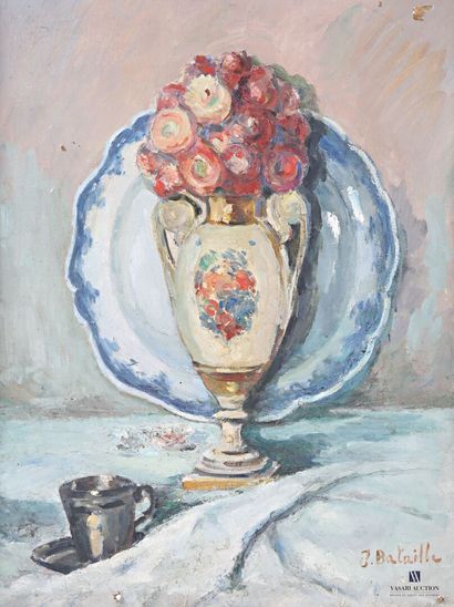 null BATAILLE Jeanne (1889-?)
Nature morte aux vase de fleurs, au plat en faïence
Huile...