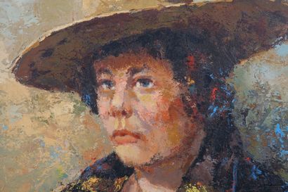 null École française du XXème siècle
Portrait de femme au chapeau 
Huile sur carton
50,5...