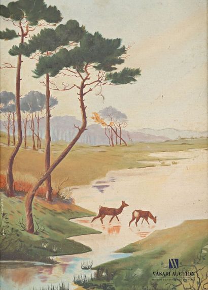 null RAPAUD Goby (XXème siècle)
Biches traversant la rivière dans une forêt de pin
Huile...