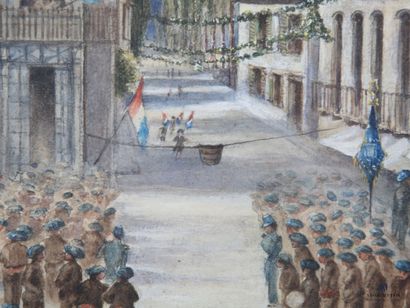 null École française du XXème siècle
Défilé des troupes alpines
Aquarelle
Monogramme...