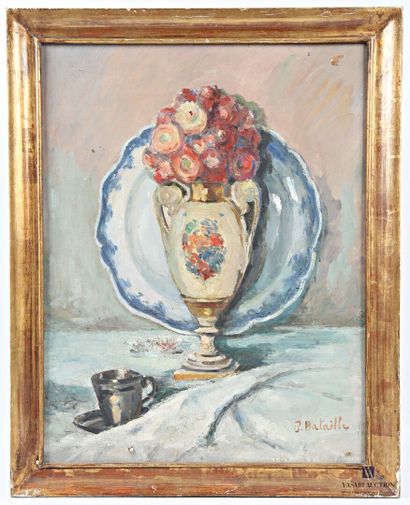 null BATAILLE Jeanne (1889-?)
Nature morte aux vase de fleurs, au plat en faïence
Huile...