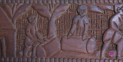 null Natural wood panel decorated with a wrestling scene with multiple combatants...