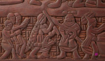 null Natural wood panel depicting a festive scene with dancers and musicians hemmed...