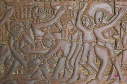 null Natural wood panel decorated with a market scene in a village hemmed with a...